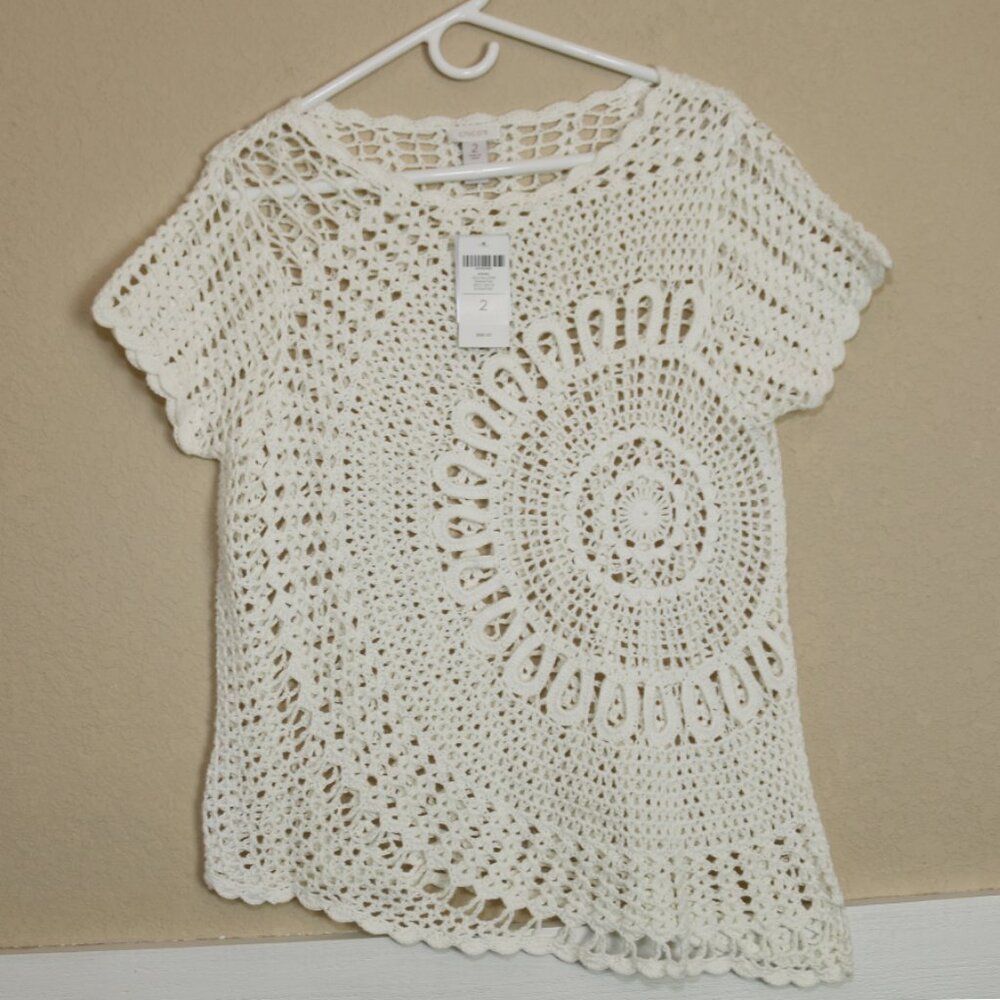 NWT Chico's Zola Crochet Pullover Knit Sweater Short Sleeve Optic White 2 Small